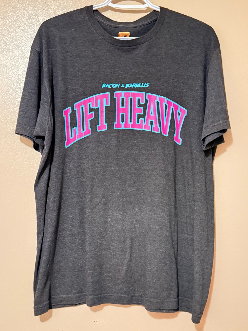 Bacon & Barbells - Lift Heavy Crewneck Tee - Black with Pink Accent
